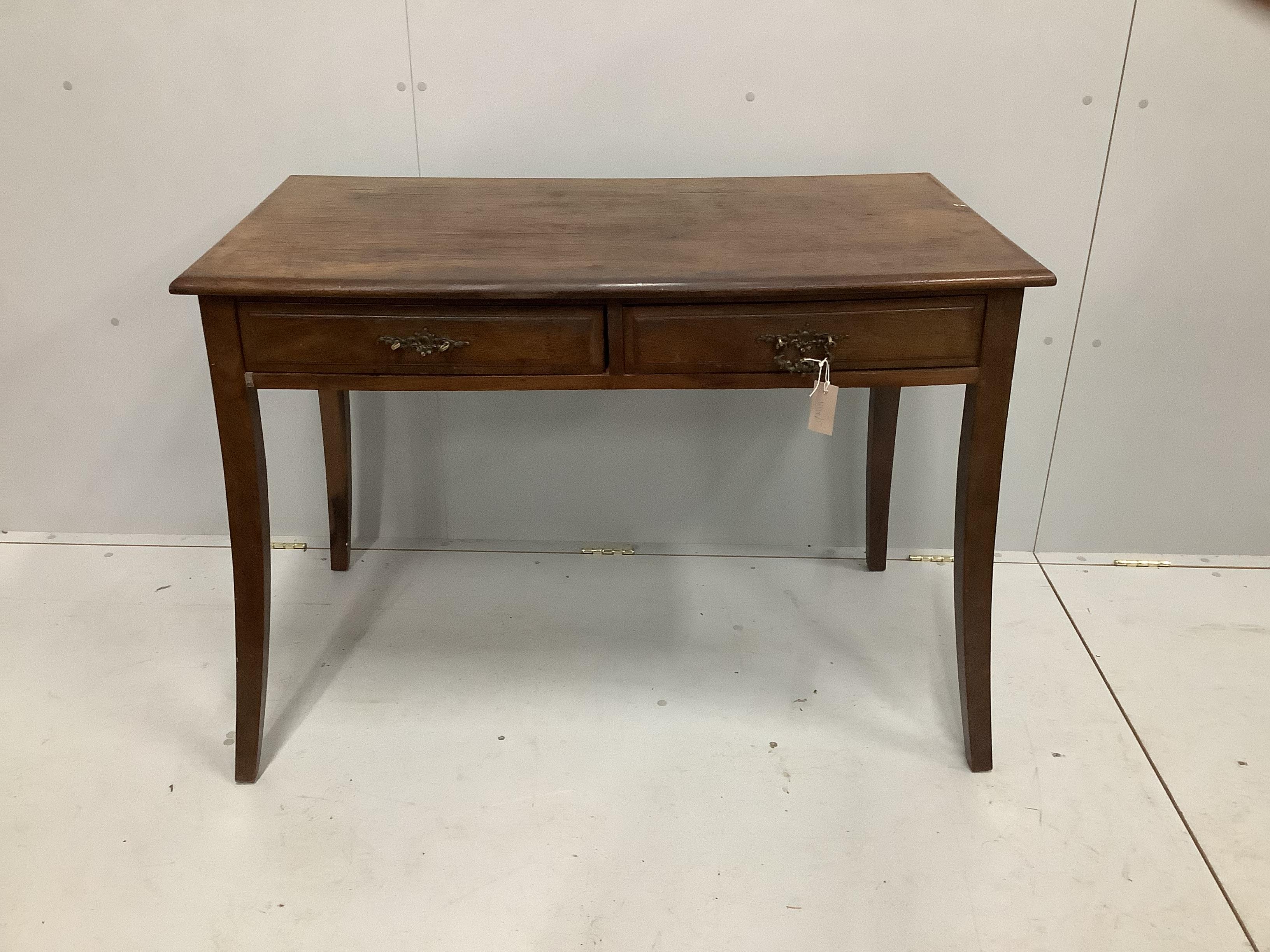 An early 20th century mahogany two drawer table, width 110cm, depth 59cm, height 78cm